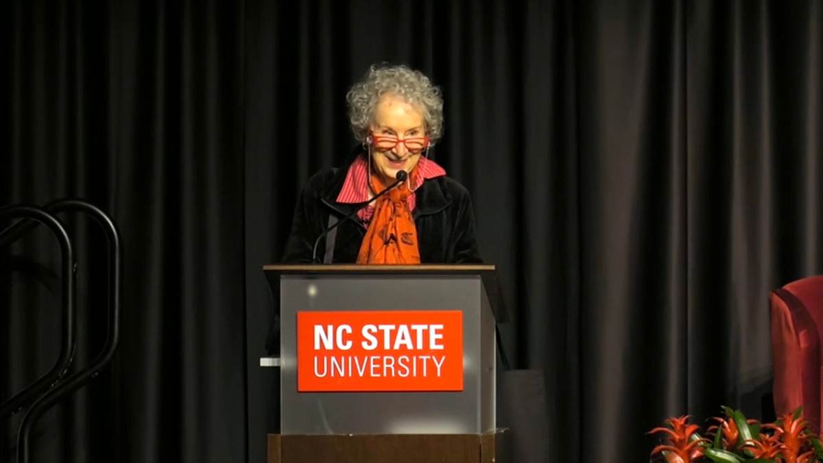 Margaret Atwood giving keynote talk at Talley Student Union