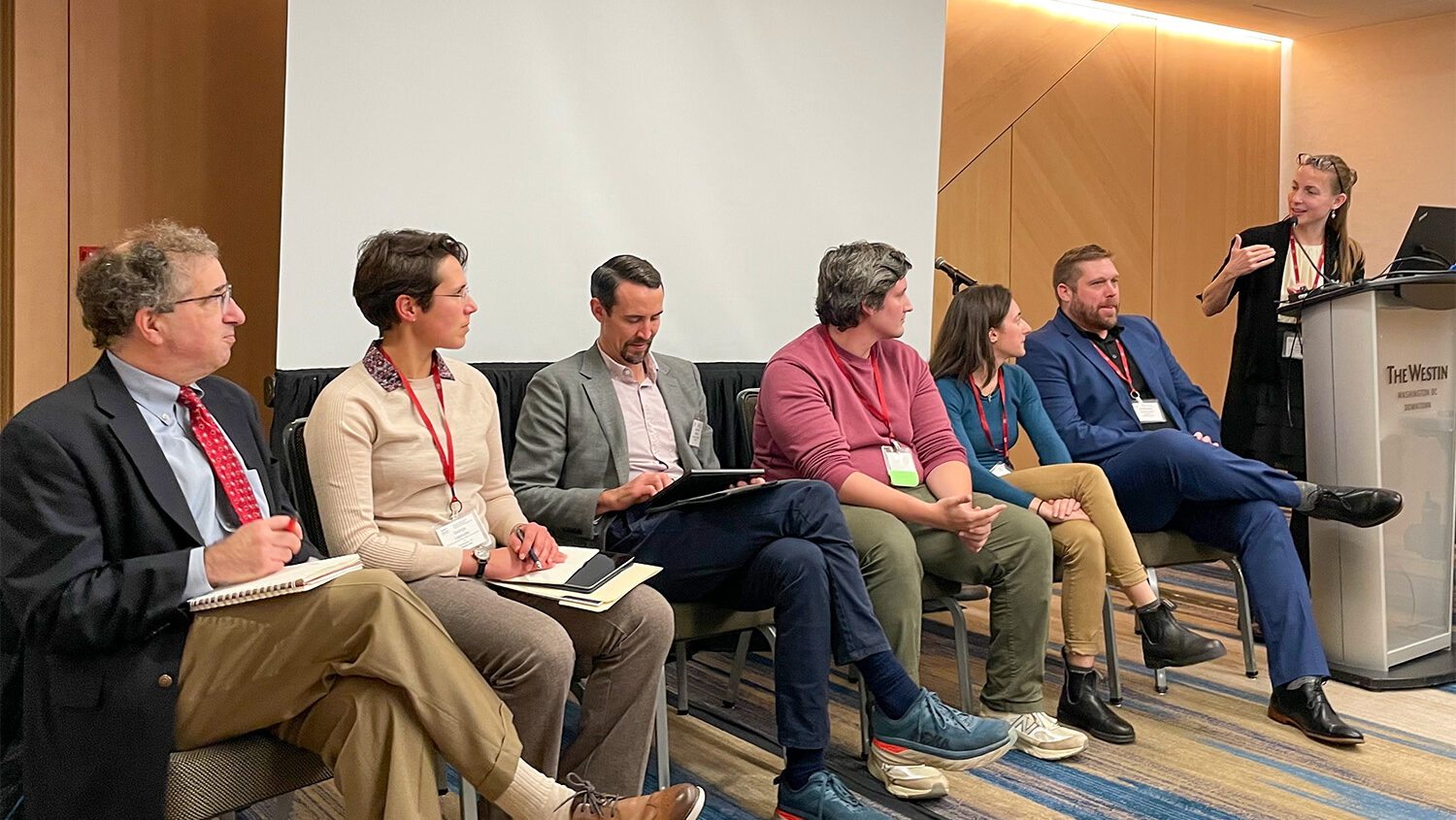 GES panel on the Biotech EO at the Society for Risk Analysis annual meeting, December 11, 2023, Washington, DC. Left to right: Greg Jaffe, Georgia Lagoudas, Zack Brown, Nick Loschin, Ilaria Cimadori, Christopher Cummings, and Khara Grieger (moderating)