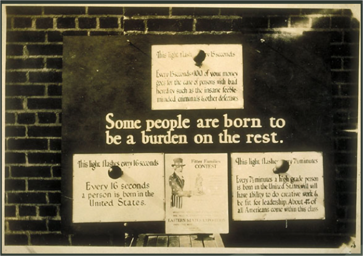 This photograph is dated 1926 in the American Eugenics Society Records. The sign at the top reads, “This light flashes every 15 seconds. Every 15 seconds, $1.00 of your money goes for the care of persons with bad heredity such as the insane feebleminded criminals & other defectives”. Below center, promotional material for a “Fitter Families Contest” to be held at the Eastern States Exposition in Springfield, Mass.